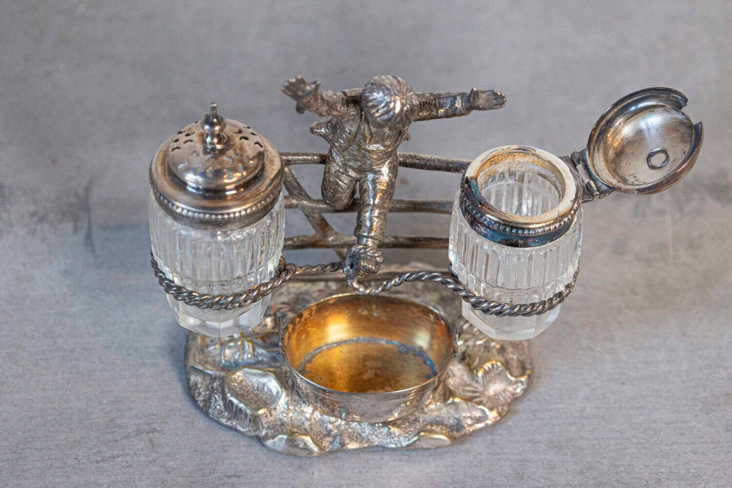 English Silver Plated Cruet Set of Young Boy Leaping in the Air circa 1873 - JAA