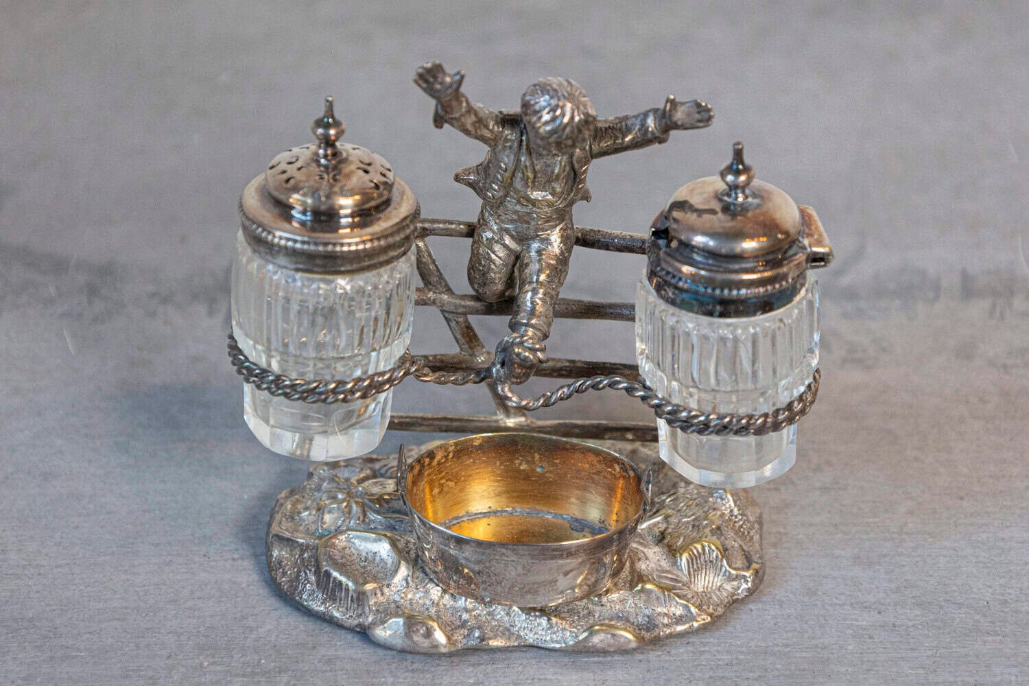 English Silver Plated Cruet Set of Young Boy Leaping in the Air circa 1873 - JAA