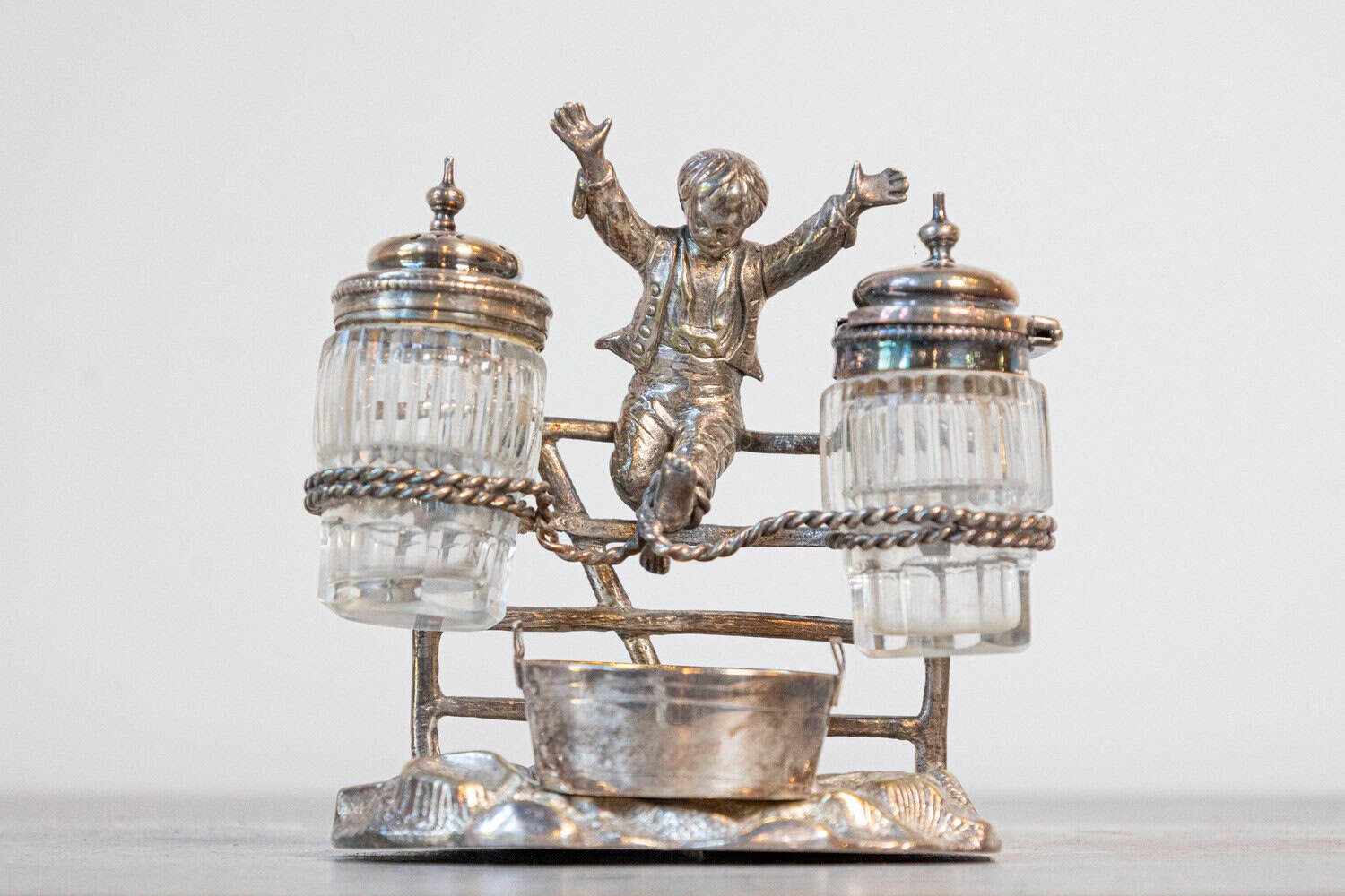 English Silver Plated Cruet Set of Young Boy Leaping in the Air circa 1873 - JAA