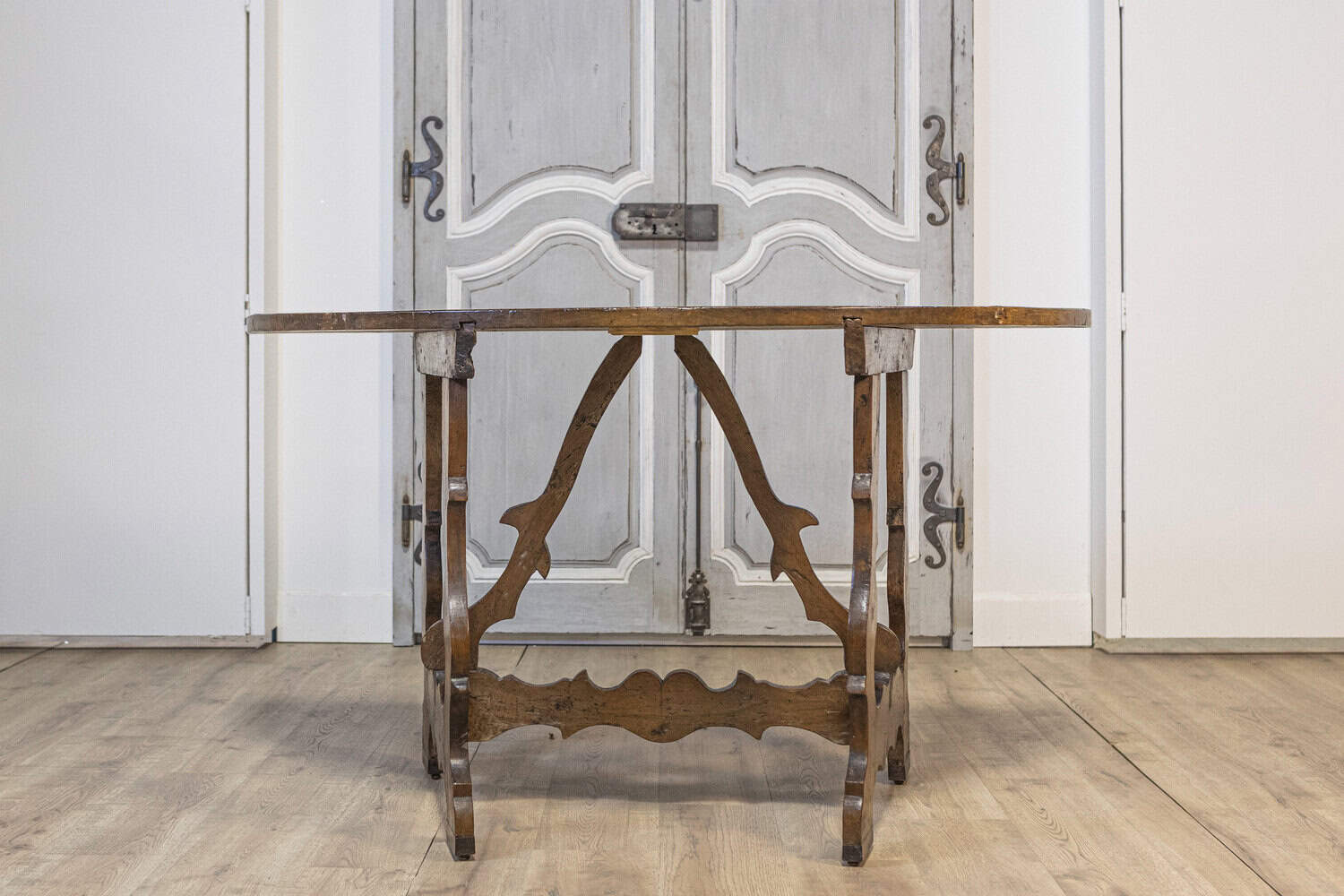 17th Century Italian Baroque Period Walnut Demilune Table with Carved Lyre Base - JAA