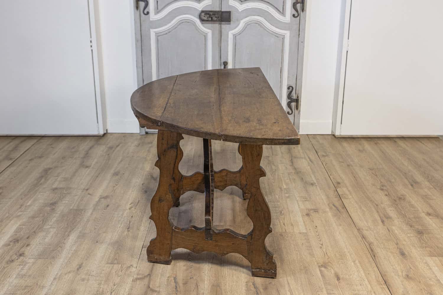 17th Century Italian Baroque Period Walnut Demilune Table with Carved Lyre Base - JAA