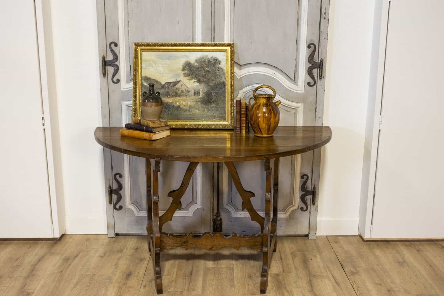 17th Century Italian Baroque Period Walnut Demilune Table with Carved Lyre Base - JAA