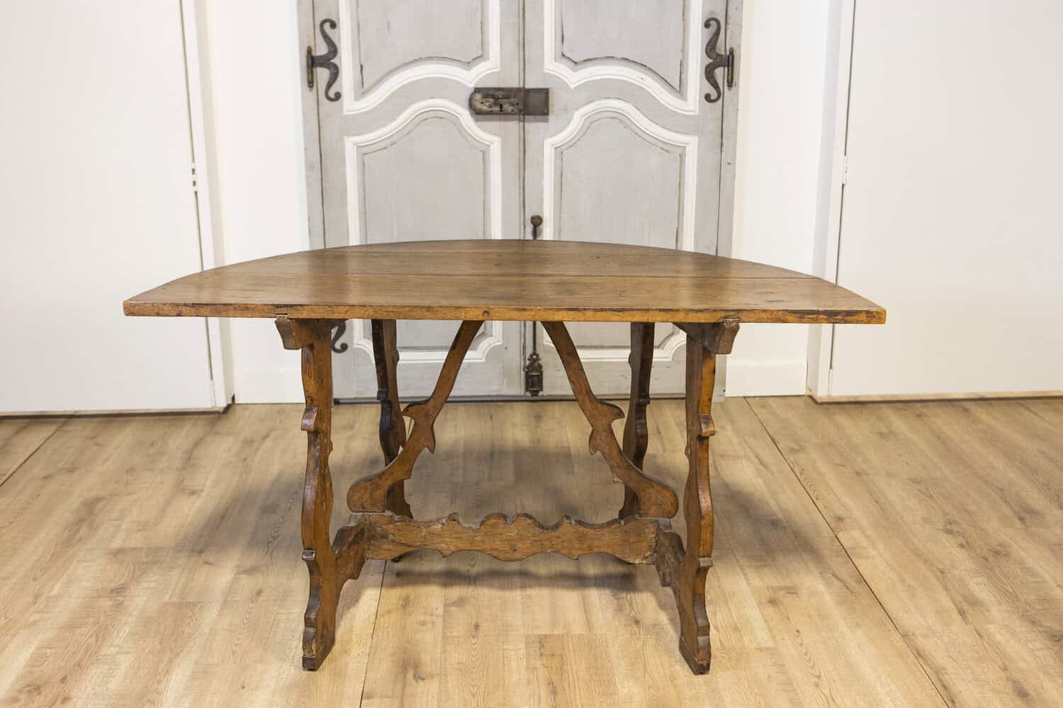 17th Century Italian Baroque Period Walnut Demilune Table with Carved Lyre Base - JAA