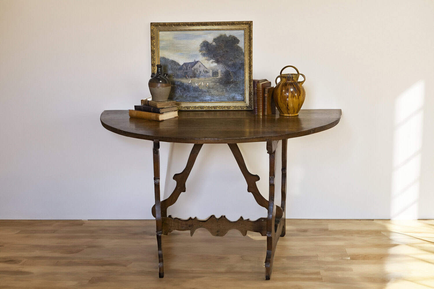 17th Century Italian Baroque Period Walnut Demilune Table with Carved Lyre Base - JAA