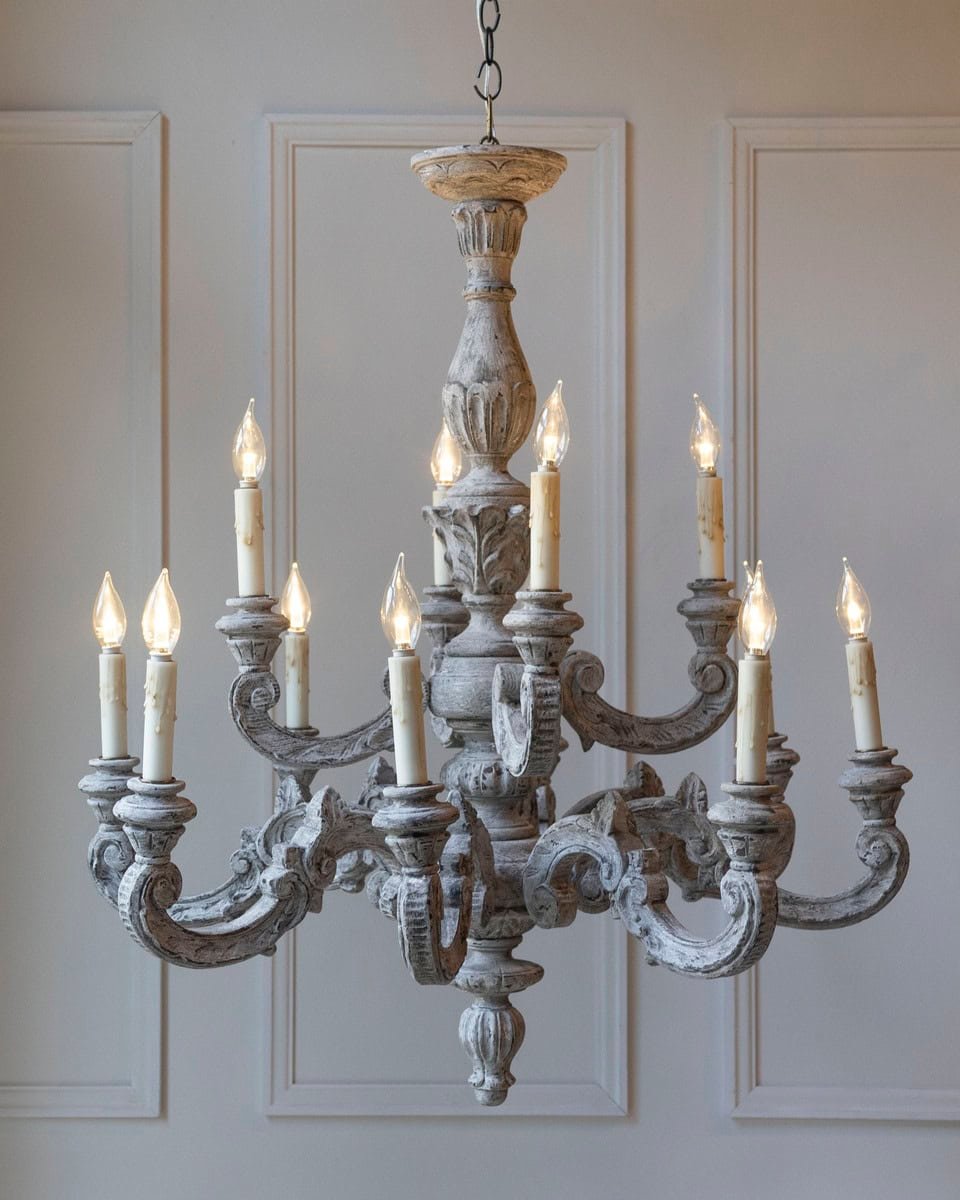 French 20th Century Carved and Painted Wood Twelve-Light Chandelier - JAA