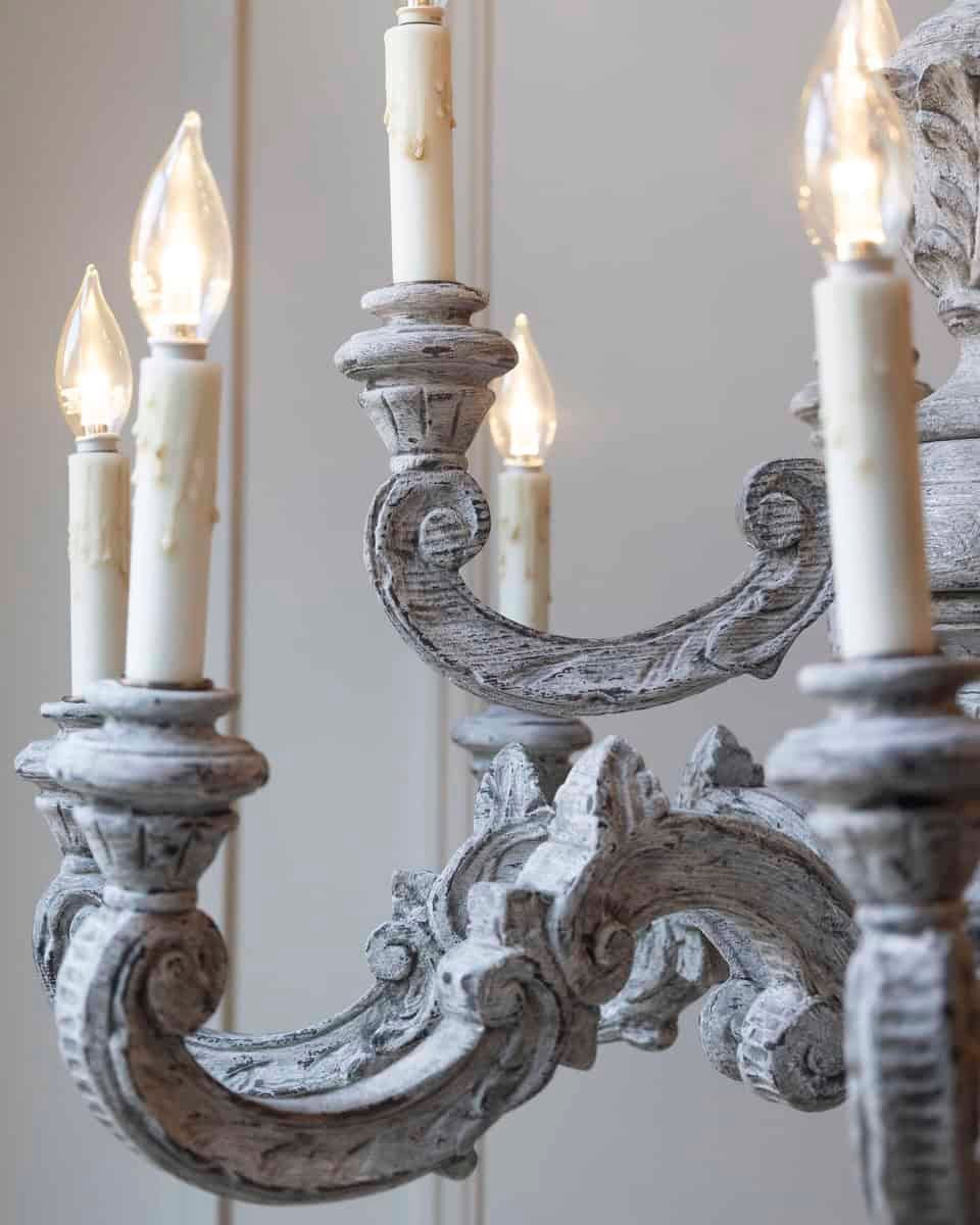 French 20th Century Carved and Painted Wood Twelve-Light Chandelier - JAA