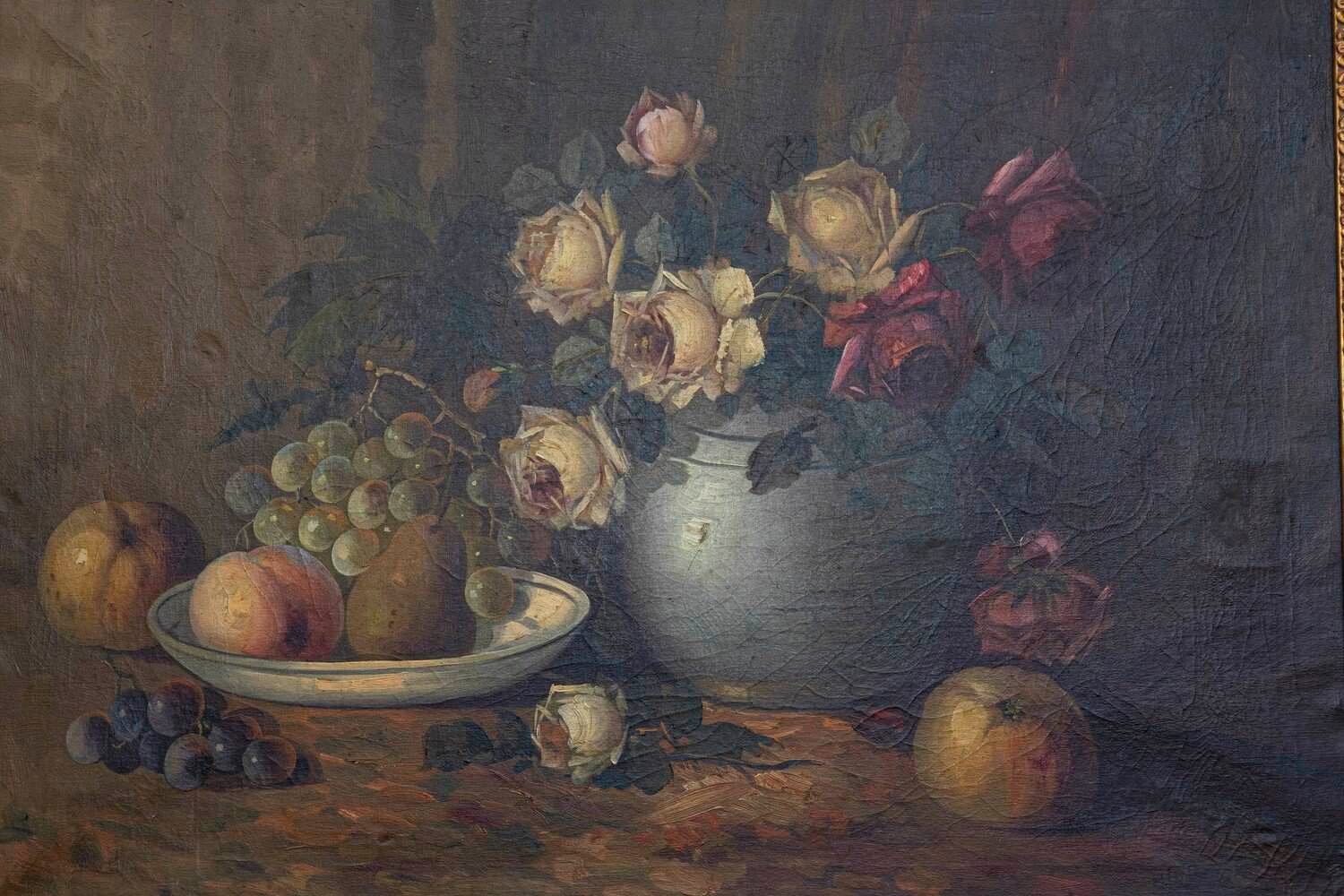 French Napoleon III 1860s Still-Life Oil Painting Depicting Roses and Fruits - JAA