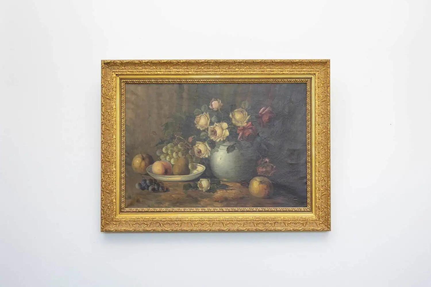 French Napoleon III 1860s Still-Life Oil Painting Depicting Roses and Fruits - JAA