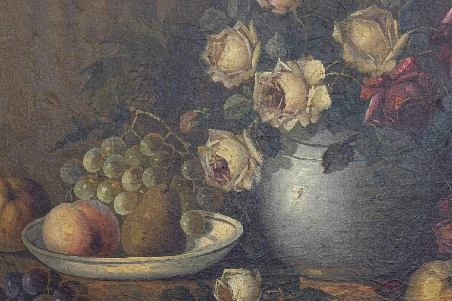 French Napoleon III 1860s Still-Life Oil Painting Depicting Roses and Fruits - JAA