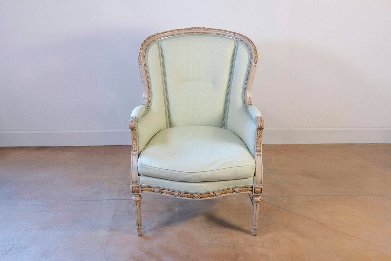 Pair of French Louis XVI Style 1900s Painted and Parcel-Gilt Bergères Chairs - JAA