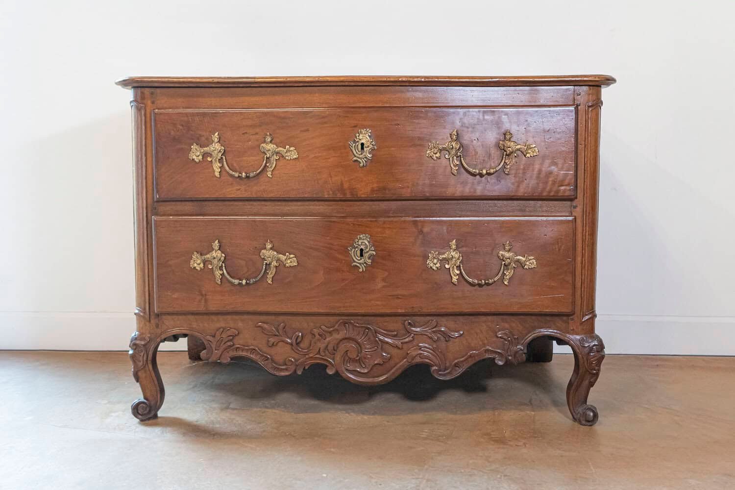 French 1740s Louis XV Two-Drawer Commode with Carved Apron and Cabriole Legs - JAA