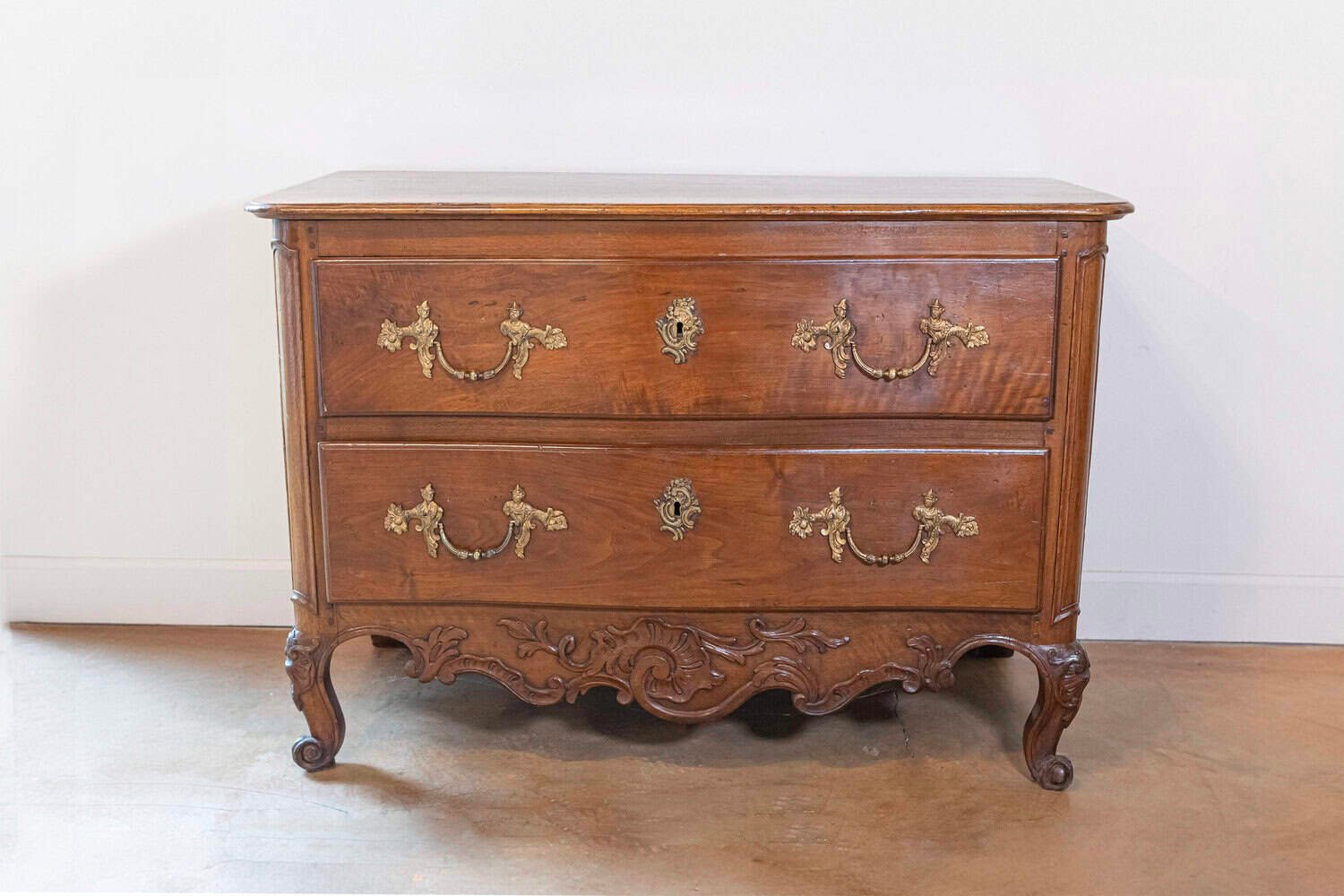 French 1740s Louis XV Two-Drawer Commode with Carved Apron and Cabriole Legs - JAA