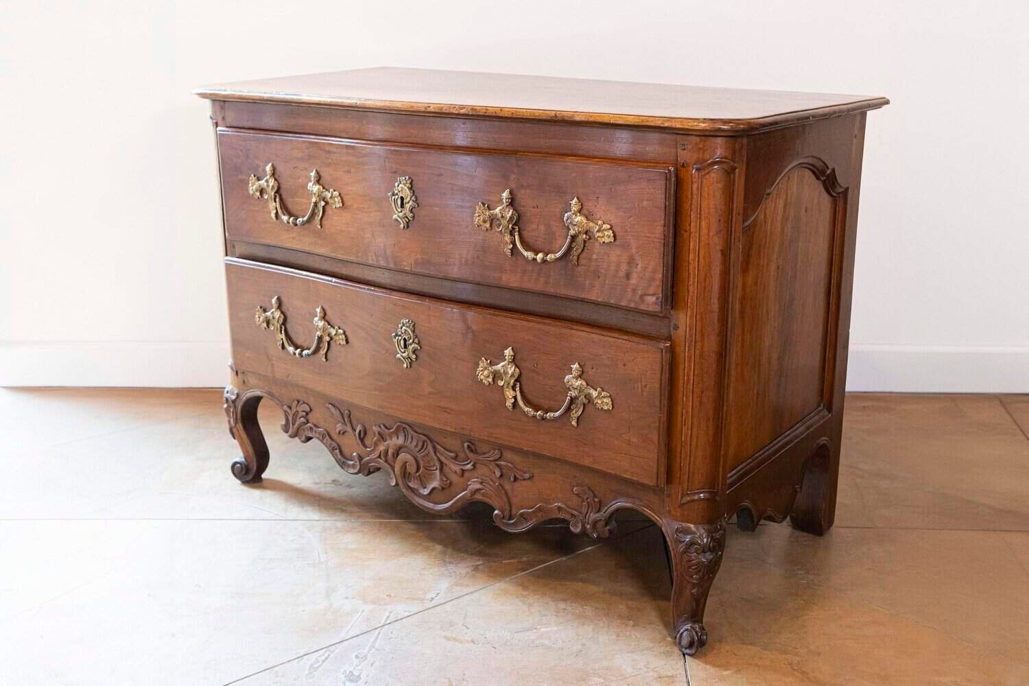 French 1740s Louis XV Two-Drawer Commode with Carved Apron and Cabriole Legs - JAA