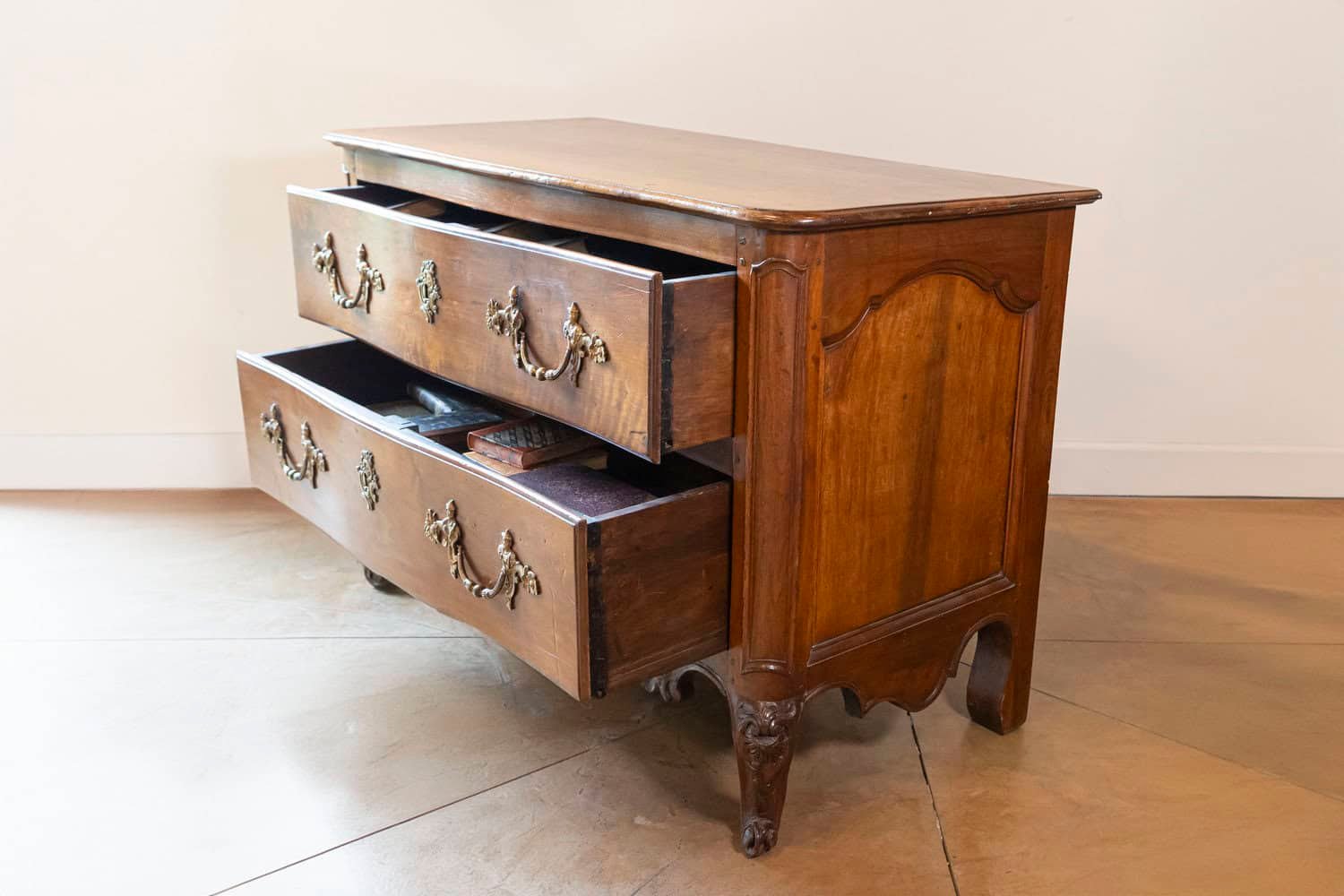 French 1740s Louis XV Two-Drawer Commode with Carved Apron and Cabriole Legs - JAA