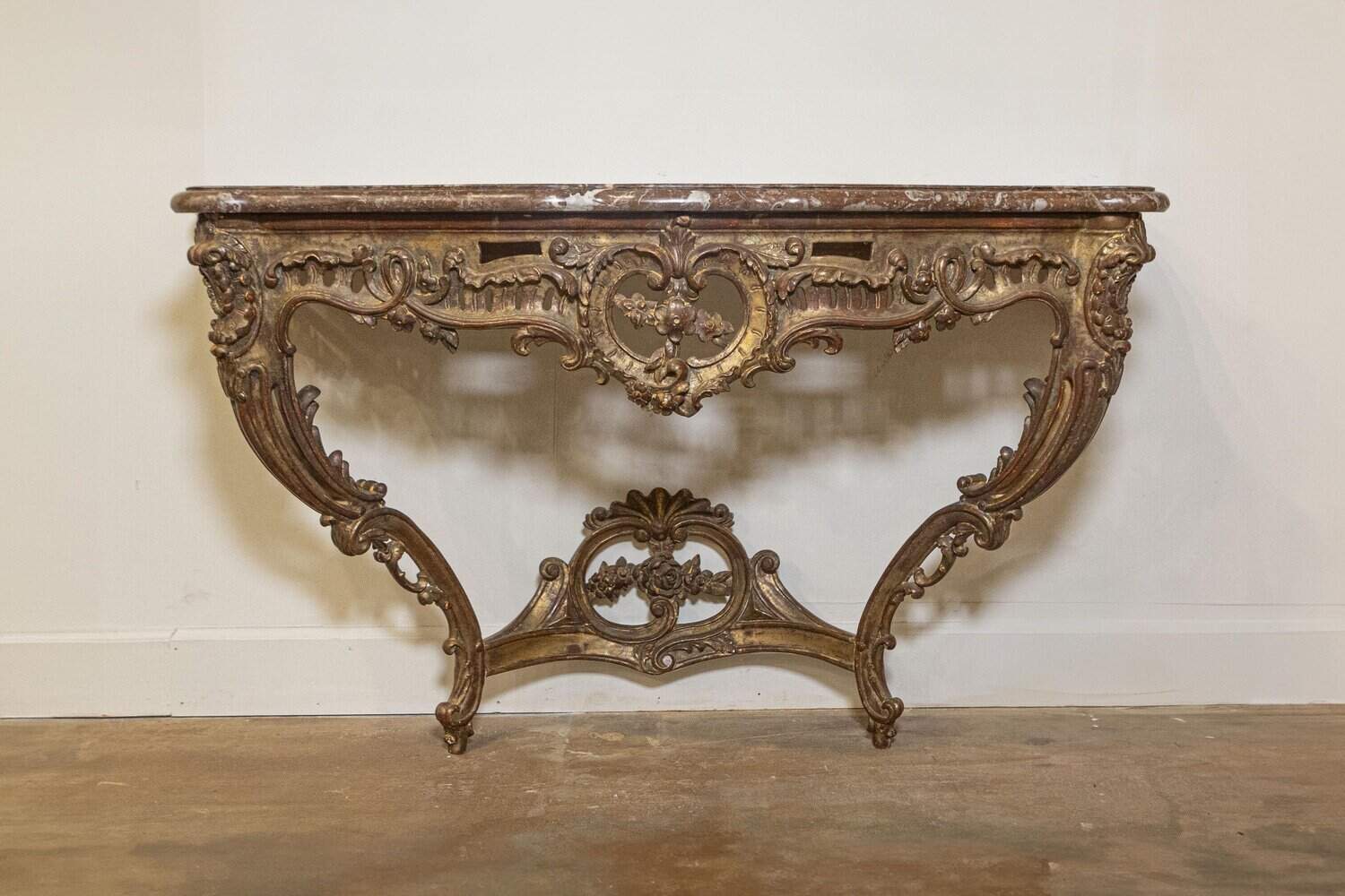40% OFF at Checkout. French 1890s Rococo Style Carved Giltwood Console Table with Floral Décor - JAA