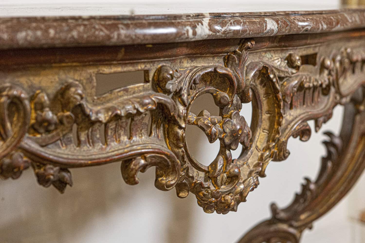 40% OFF at Checkout. French 1890s Rococo Style Carved Giltwood Console Table with Floral Décor - JAA