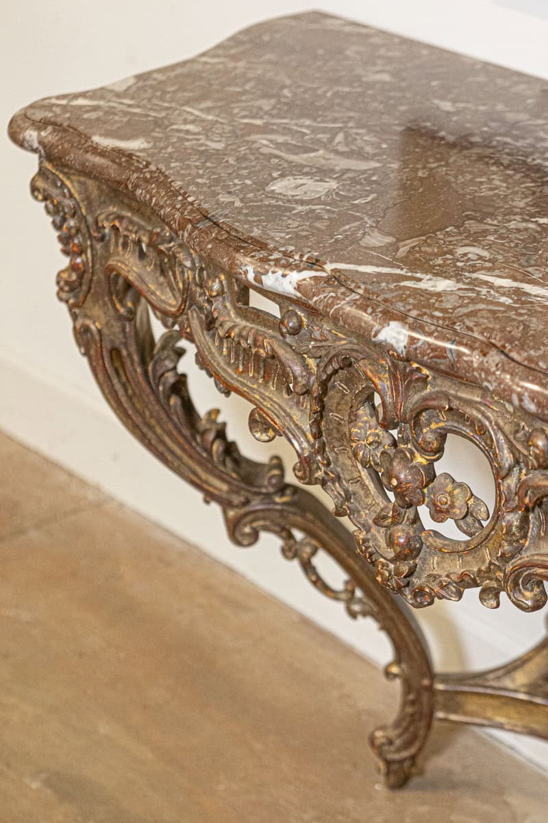 40% OFF at Checkout. French 1890s Rococo Style Carved Giltwood Console Table with Floral Décor - JAA