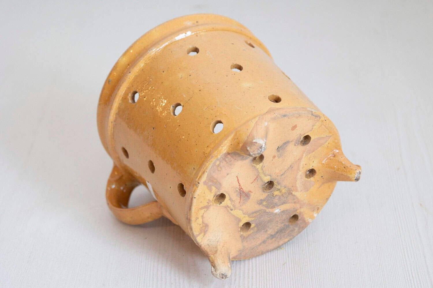 Rustic French 19th Century Pottery Vegetable Steamer with Yellow Glaze - JAA