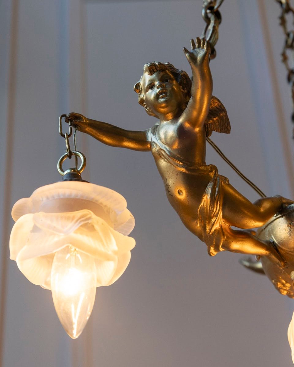 40% OFF. French 19th Century Gilt Metal Chandelier with Three Cherubs Holding the Lights - JAA