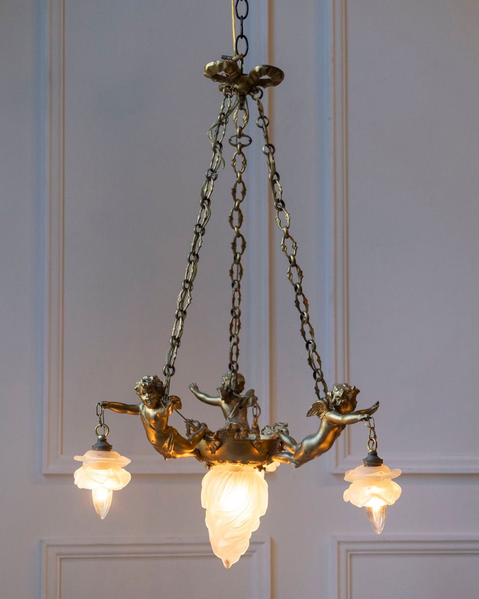 40% OFF. French 19th Century Gilt Metal Chandelier with Three Cherubs Holding the Lights - JAA