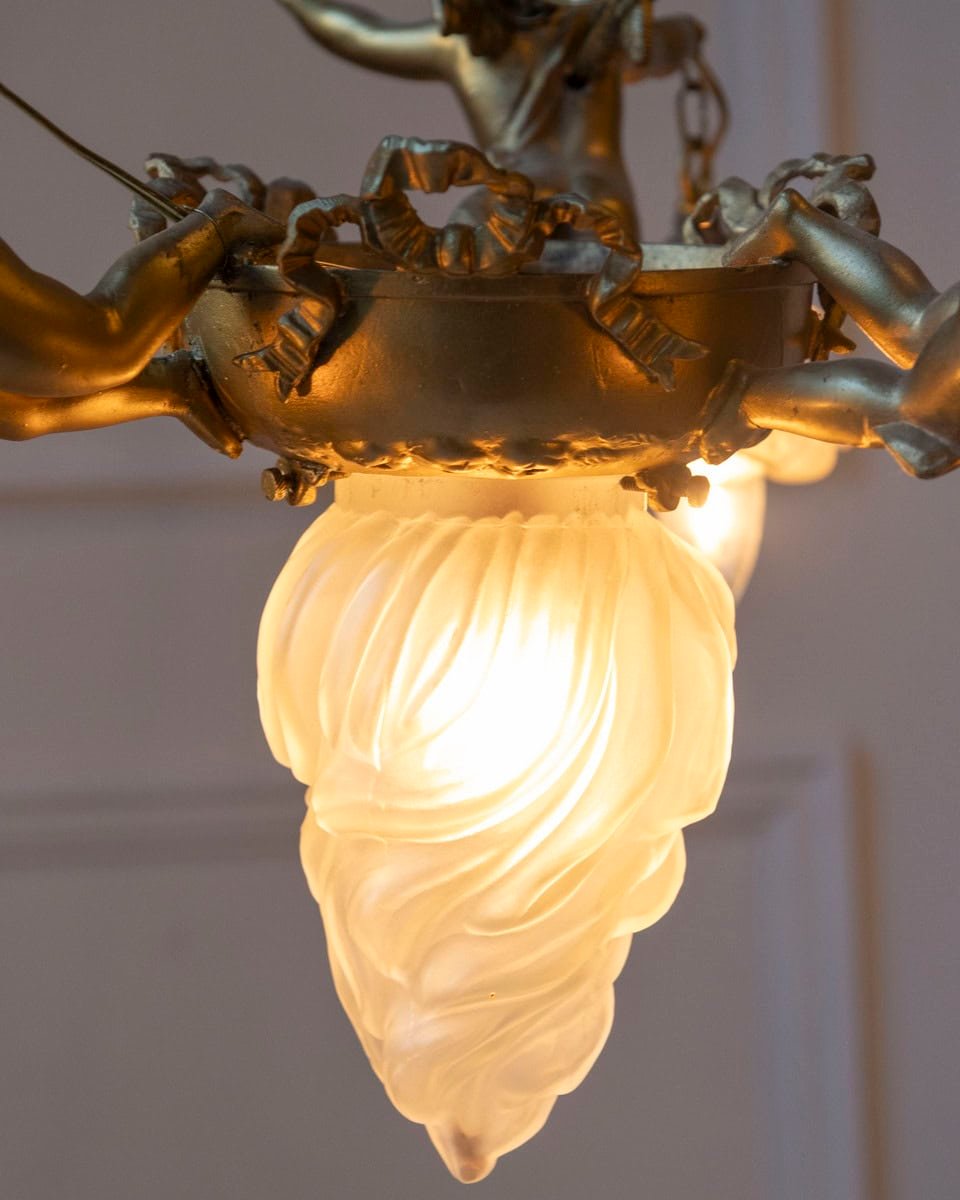 40% OFF. French 19th Century Gilt Metal Chandelier with Three Cherubs Holding the Lights - JAA