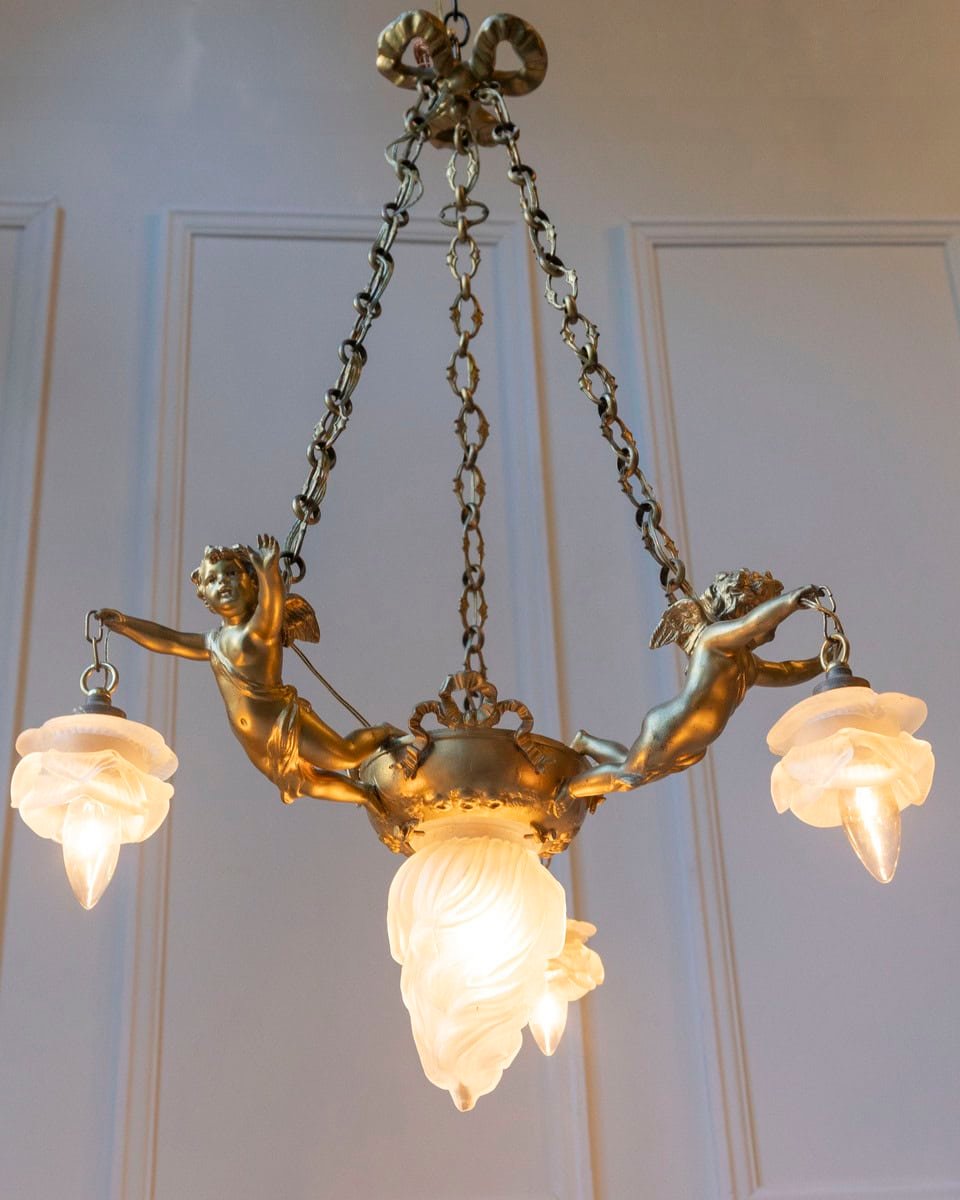 40% OFF. French 19th Century Gilt Metal Chandelier with Three Cherubs Holding the Lights - JAA