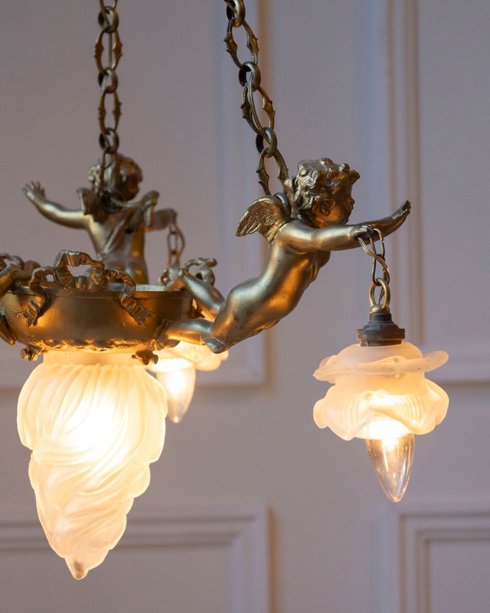 40% OFF. French 19th Century Gilt Metal Chandelier with Three Cherubs Holding the Lights - JAA