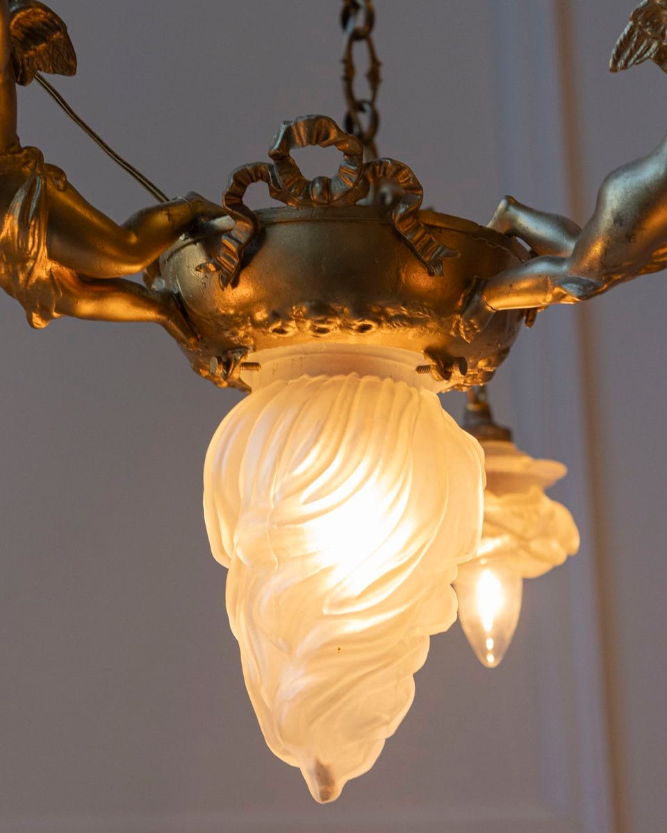 40% OFF. French 19th Century Gilt Metal Chandelier with Three Cherubs Holding the Lights - JAA