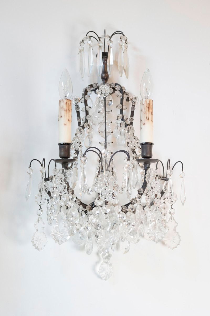 Pair of French 1890s Rococo Style Two-Light Crystal Sconces Wired for the US - JAA