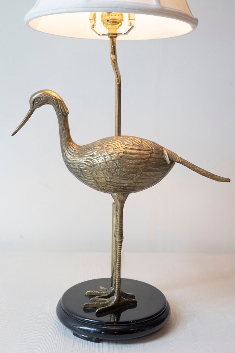 20th-Century French Brass Bird Lamp on Black Lacquered Base - JAA