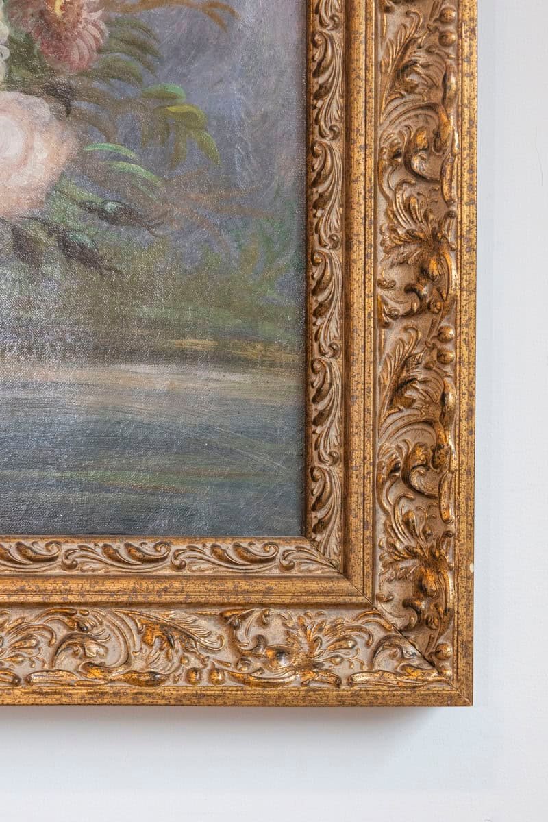 French 19th Century Oil on Canvas Floral Painting circa 1830 in Gilt Frame - JAA