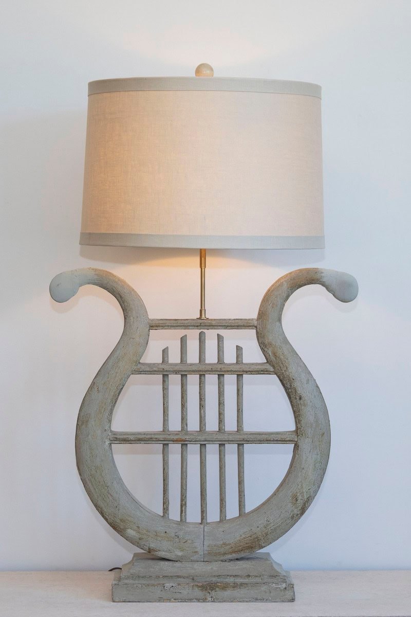 ON HOLD - 19th Century French Gustavian-Style Lyre Table Lamp in Distressed Wood with Linen Shade - JAA