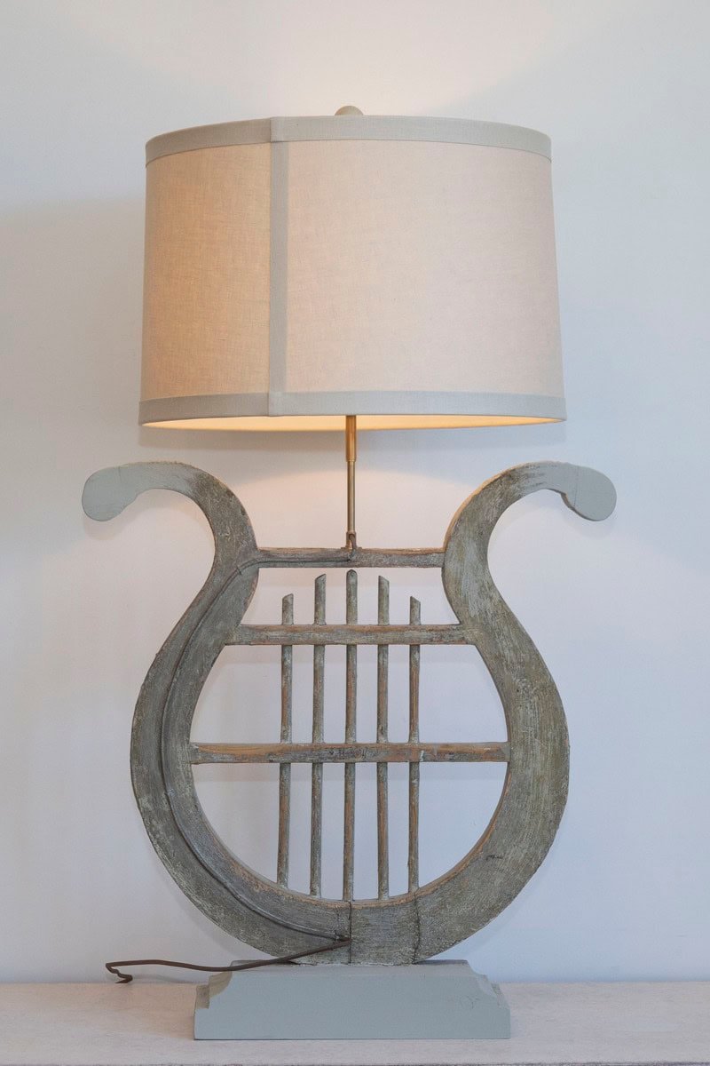 ON HOLD - 19th Century French Gustavian-Style Lyre Table Lamp in Distressed Wood with Linen Shade - JAA