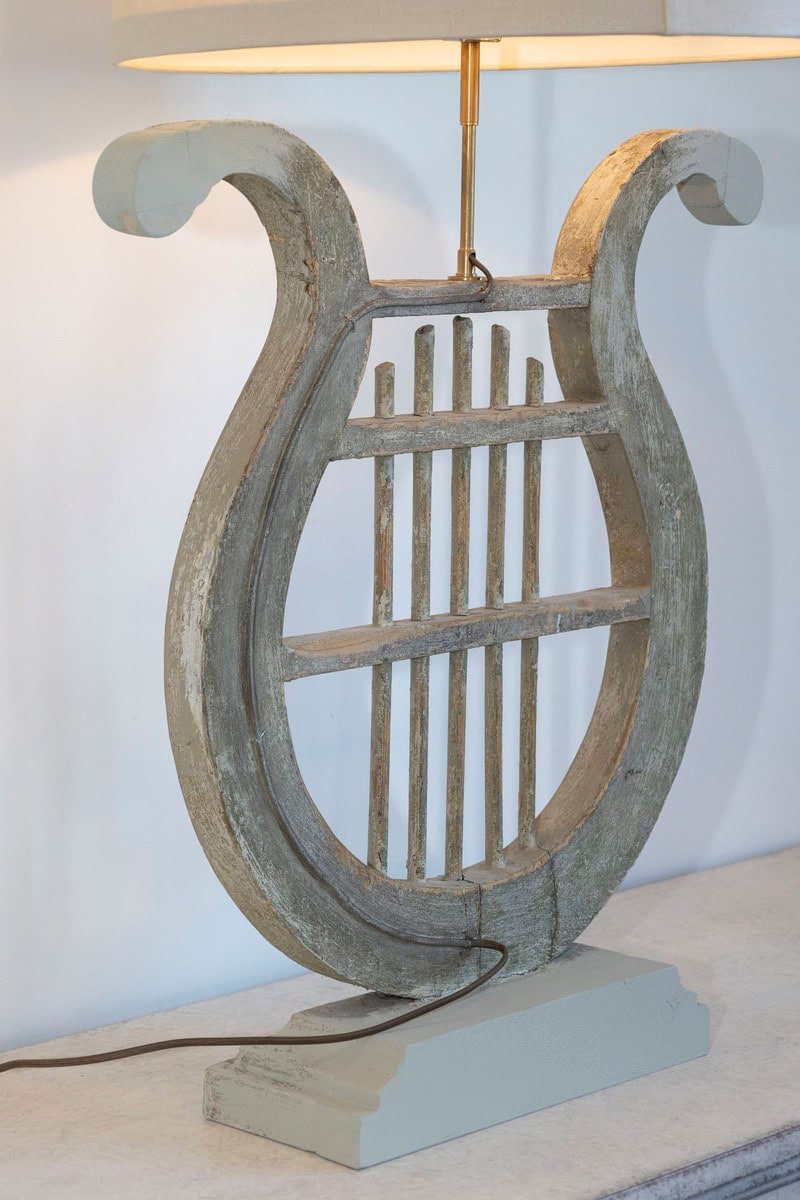 ON HOLD - 19th Century French Gustavian-Style Lyre Table Lamp in Distressed Wood with Linen Shade - JAA