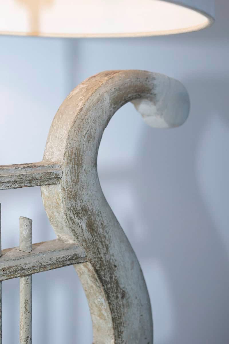 ON HOLD - 19th Century French Gustavian-Style Lyre Table Lamp in Distressed Wood with Linen Shade - JAA