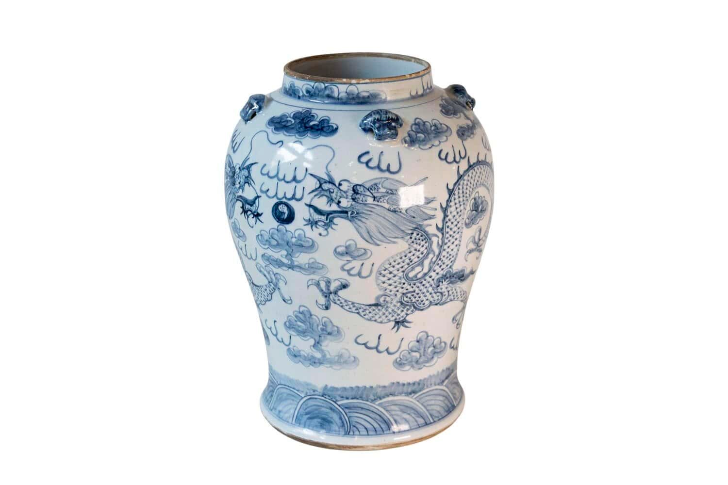 40% OFF at Checkout. Chinese Export 20th Century Blue and White Porcelain Vase with Dragon Motifs