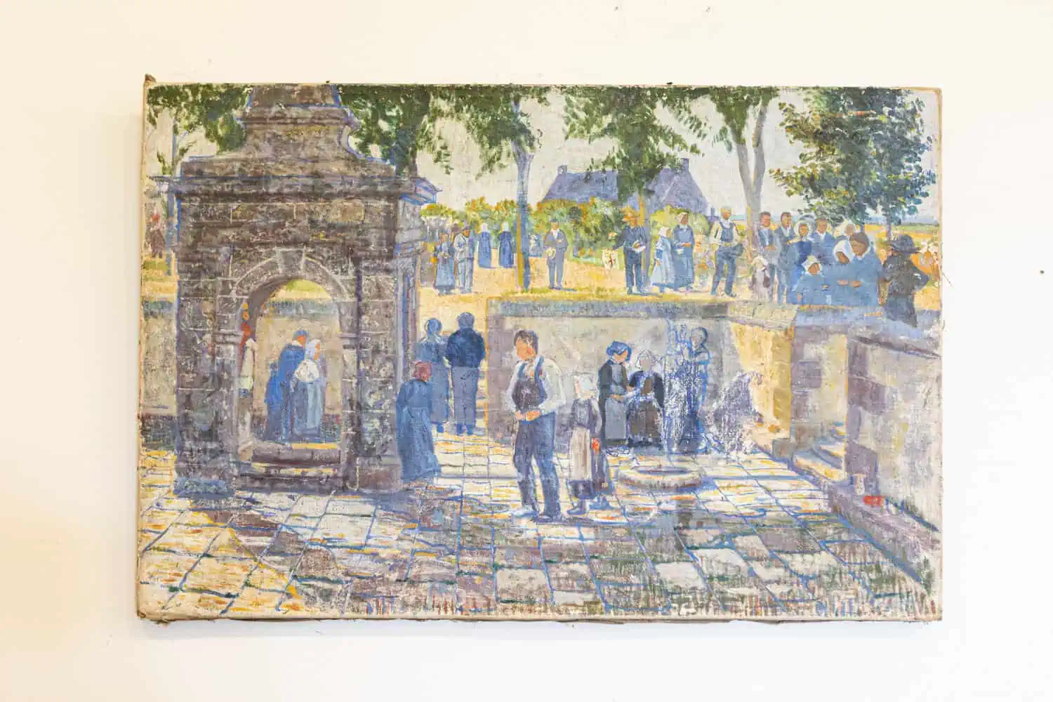 French 1890s Oil Provençal Painting of a Social Gathering in Shades of Blue - JAA