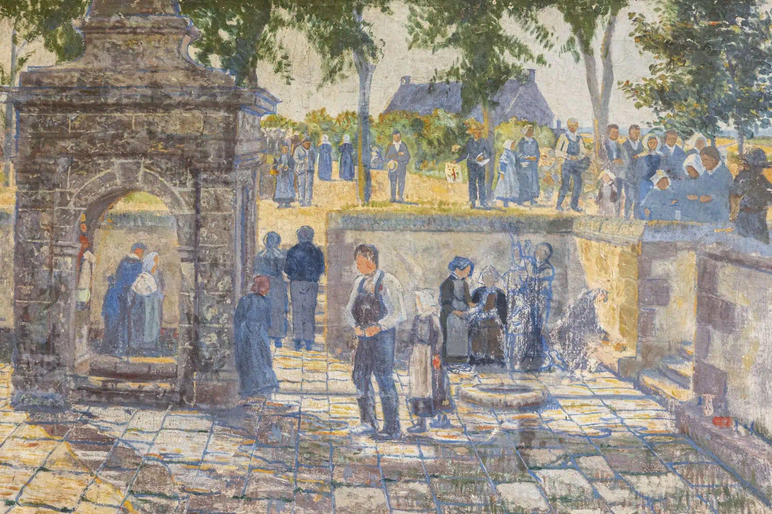 French 1890s Oil Provençal Painting of a Social Gathering in Shades of Blue - JAA