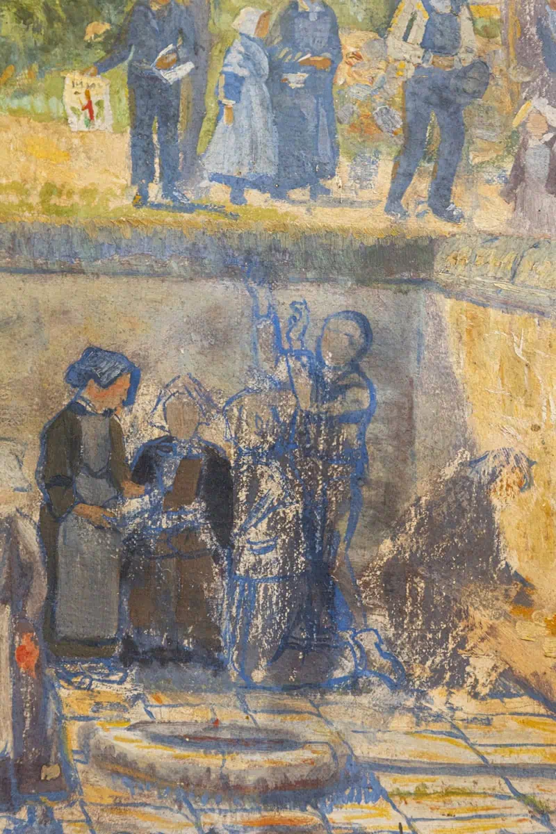French 1890s Oil Provençal Painting of a Social Gathering in Shades of Blue - JAA