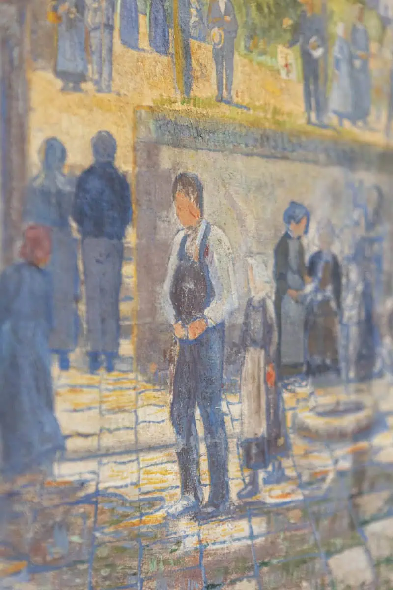 French 1890s Oil Provençal Painting of a Social Gathering in Shades of Blue - JAA