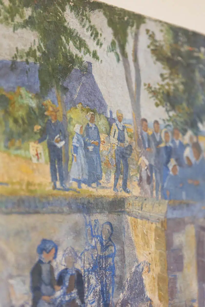 French 1890s Oil Provençal Painting of a Social Gathering in Shades of Blue - JAA