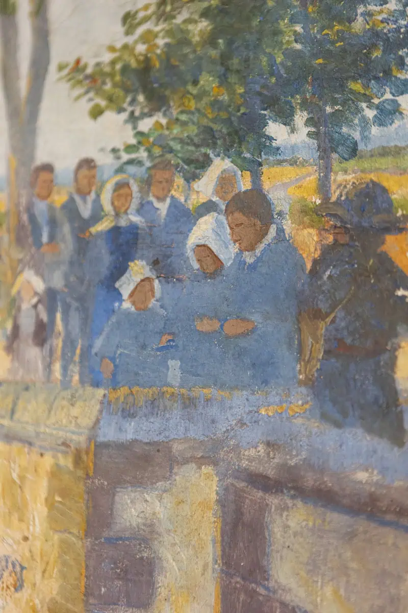French 1890s Oil Provençal Painting of a Social Gathering in Shades of Blue - JAA