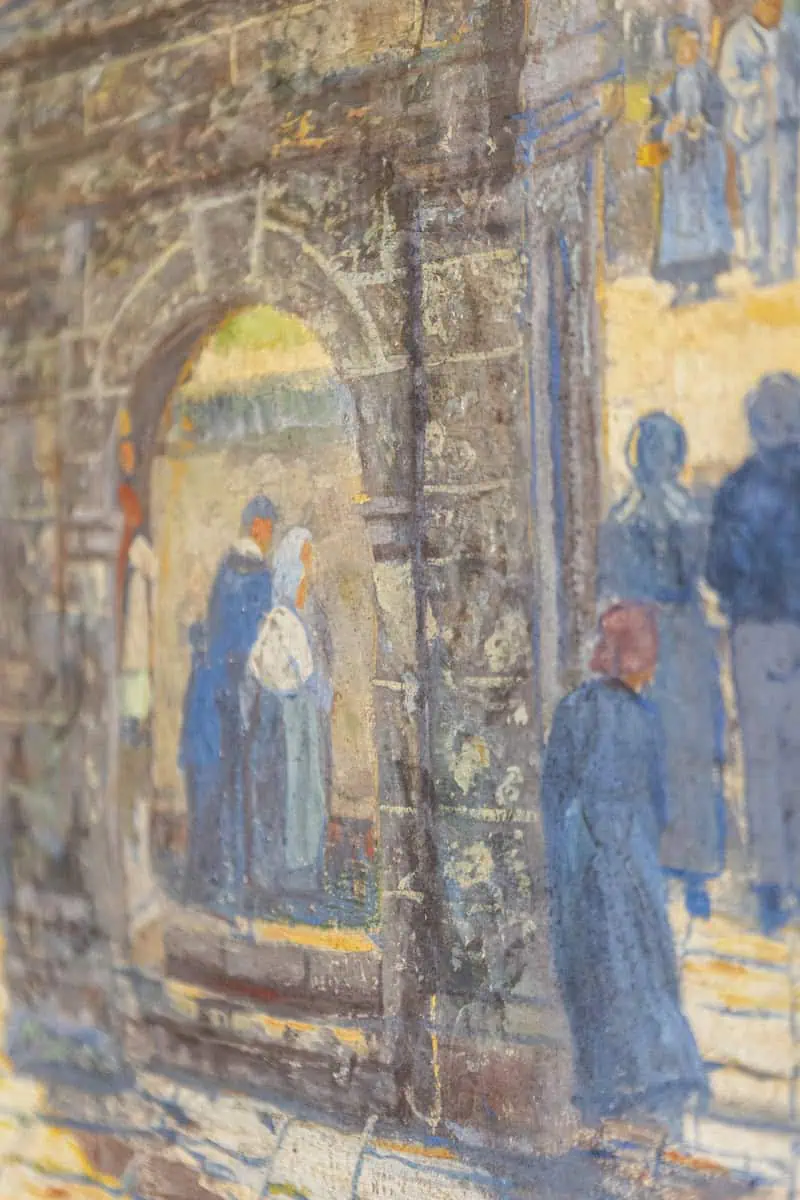 French 1890s Oil Provençal Painting of a Social Gathering in Shades of Blue - JAA