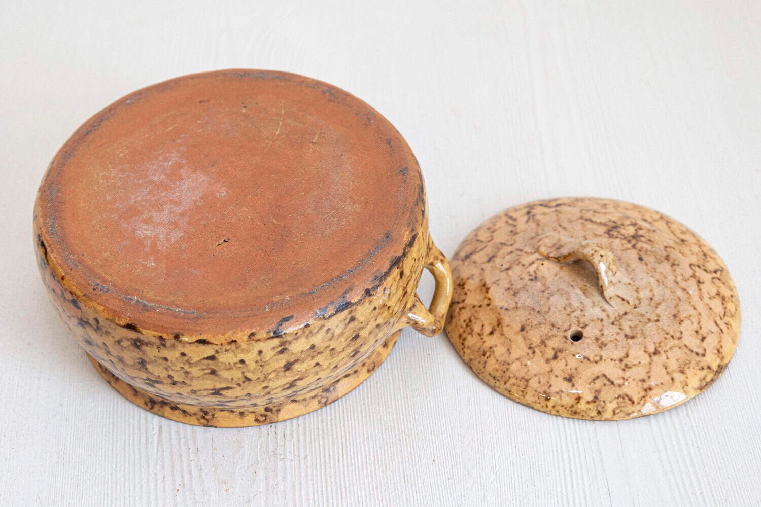 French 19th Century Pottery Covered Baking Dish with Brown Blotched Glaze - JAA