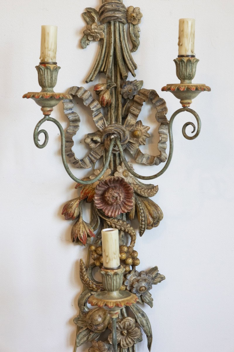 Pair of Mid-20th Century Italian Carved Wood Sconces with Wheat and Floral Motifs - JAA