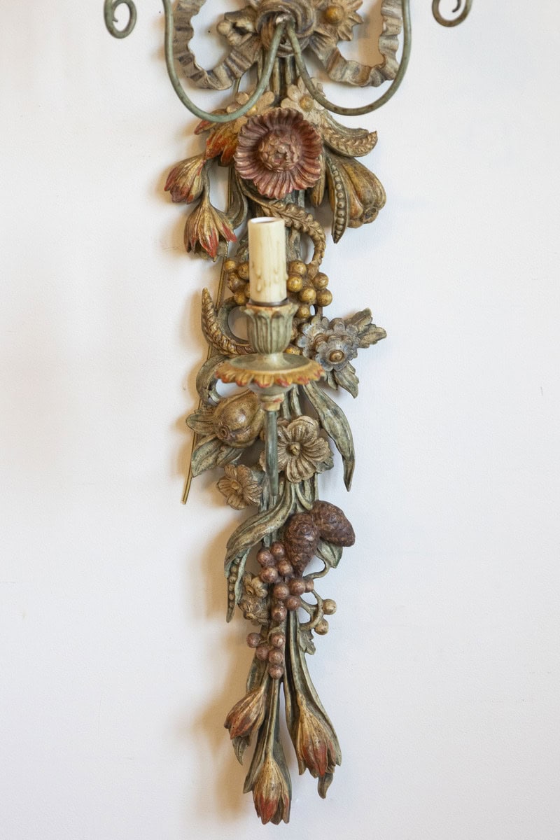 Pair of Mid-20th Century Italian Carved Wood Sconces with Wheat and Floral Motifs - JAA