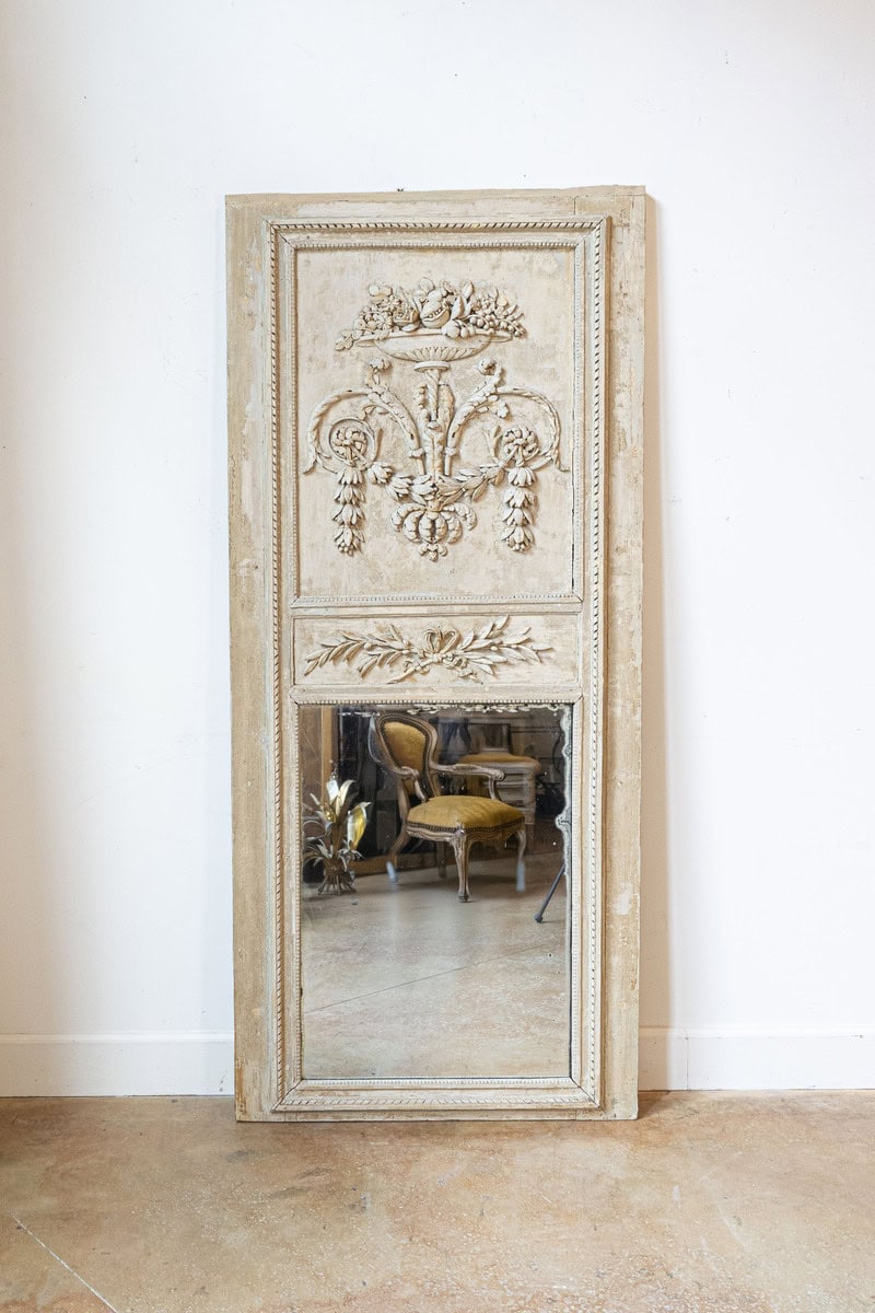French Louis XVI Period 1790s Painted Wood Trumeau Mirror with Scrollwork Motifs - JAA