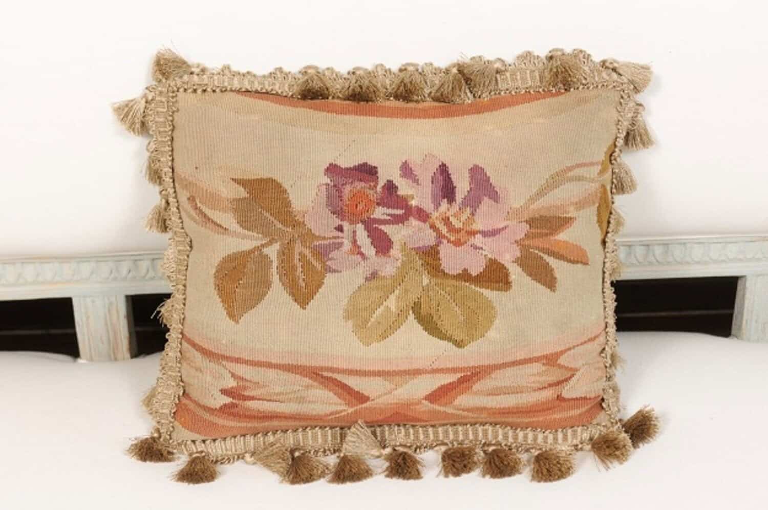 19th Century French Aubusson Tapestry Pillow with Purple Flowers and Tassels - JAA