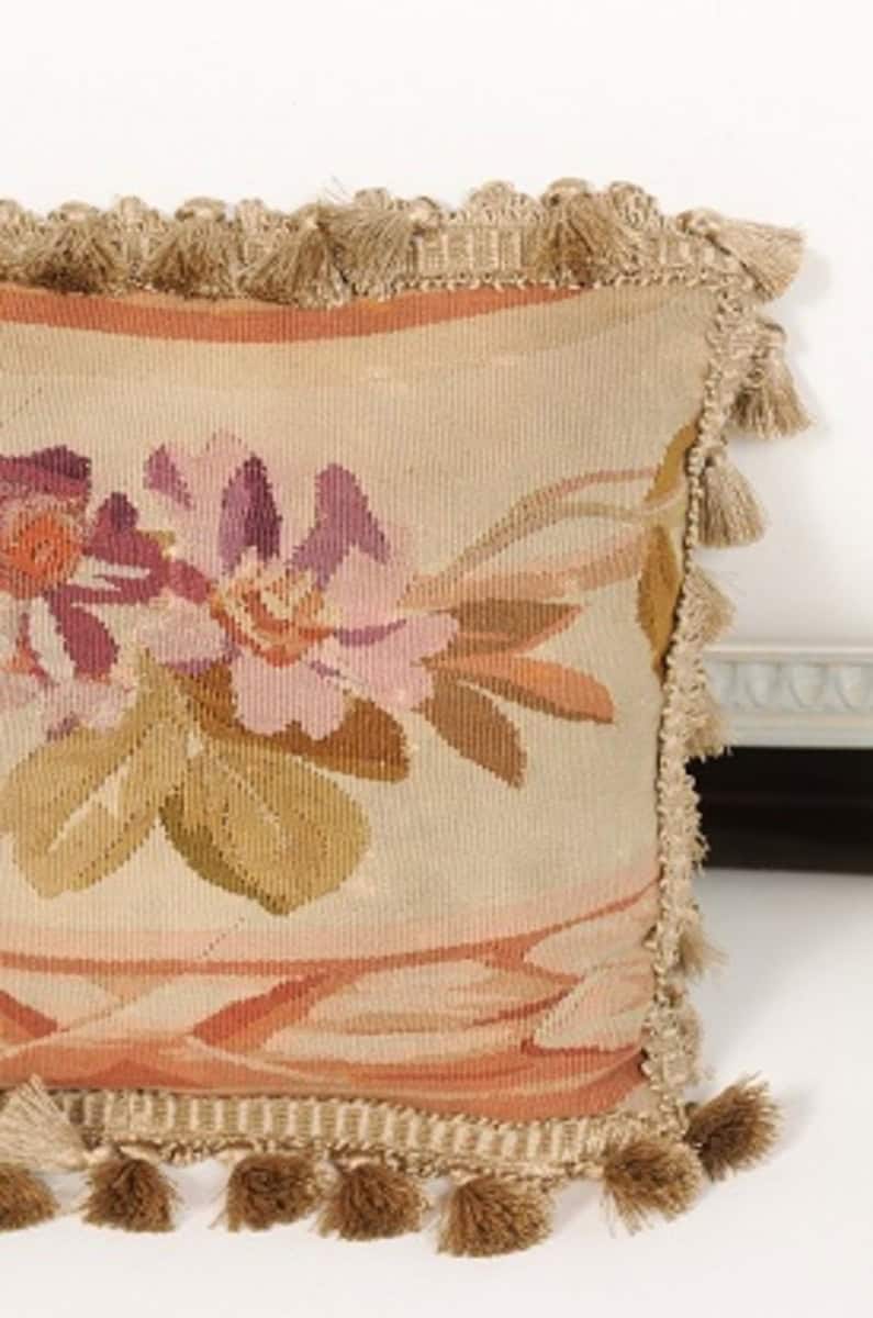 19th Century French Aubusson Tapestry Pillow with Purple Flowers and Tassels - JAA