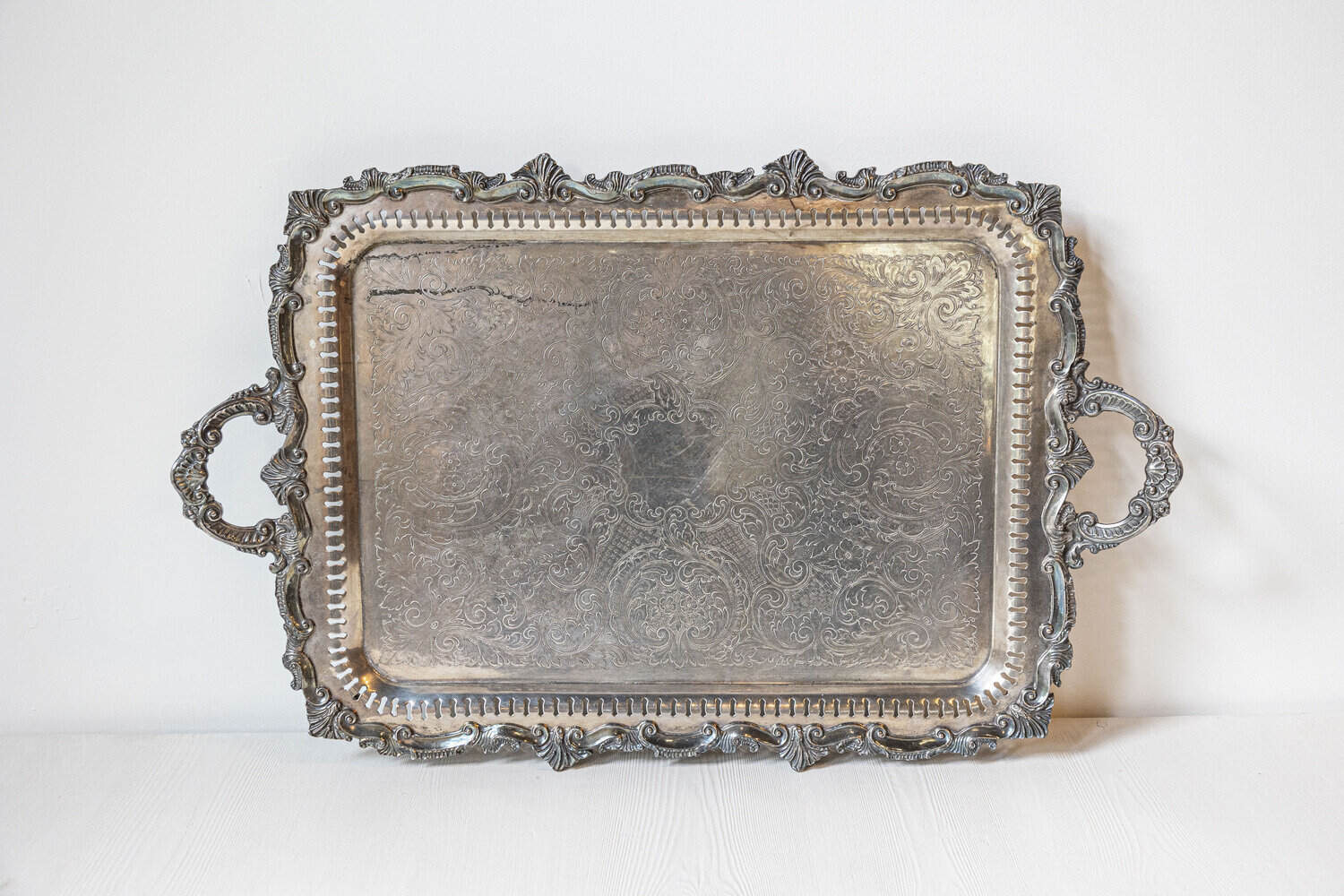 Early 20th Century English Silver Plate Serving Tray with Ornate Handles - JAA